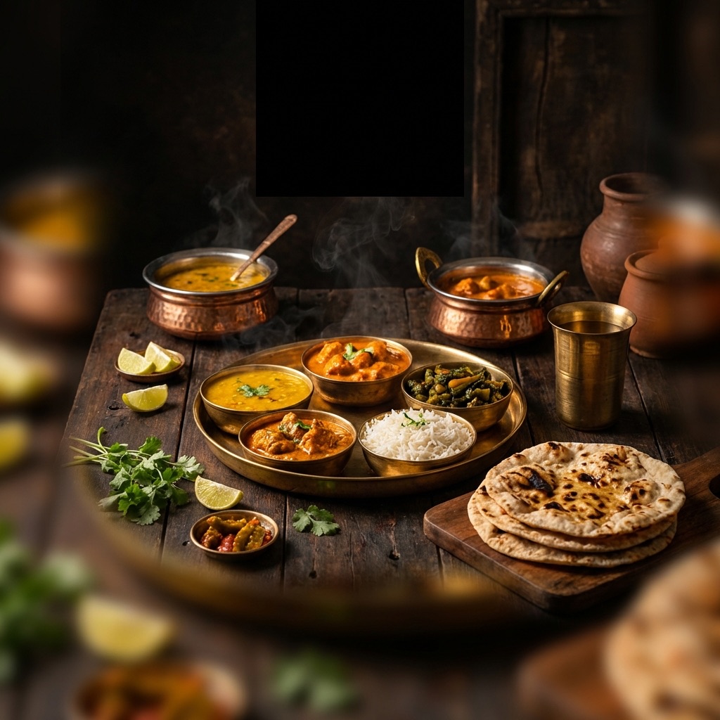 Premium Indian thali with authentic dal, curry, rice, and roti in traditional brass bowls